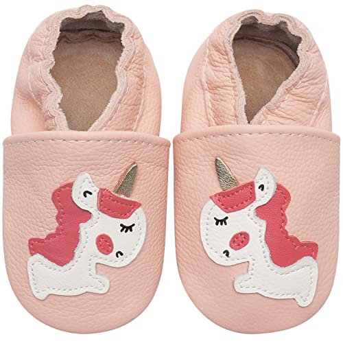 IceUnicorn Krabbelschuhe Baby Lauflernschuhe Jungen Mädchen Weicher Leder Babyhausschuhe Kleinkind Rutschfeste Lederschuhe Baby(Hellrosa Einhorn, 12-18 Monate)