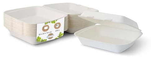 BIOZOYG Burgerbox aus Zuckerrohr mit angrenzendem Deckel I 200 Stück kompostierbare Snackverpackung aus Bagasse - biologisch abbaubar I Pommes Menübox eckig I Lunch to go 25 x 20 x 7,5 cm