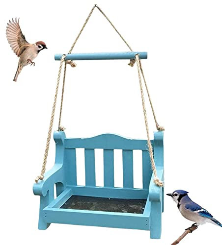 Wangduodu Outdoor Wooden Bird Feeder with Rope and Seed Tray Bench Swing Seat Hanging Bird Feeder for Garden Courtyard Porch Decorative Wild Bird Feeder, Hummingbird Feeding Station