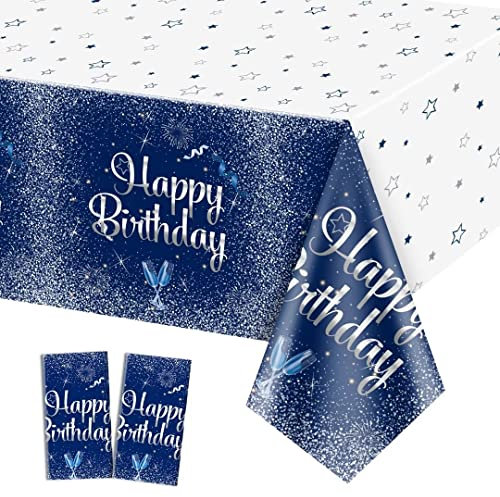 QUERICKY 2 pièces de nappes Bleu Marine et argenté, 130 x 220 cm, Couverture de Table rectangulaire en Plastique pour Hommes, Femmes, garçons et Filles, décorations de fête