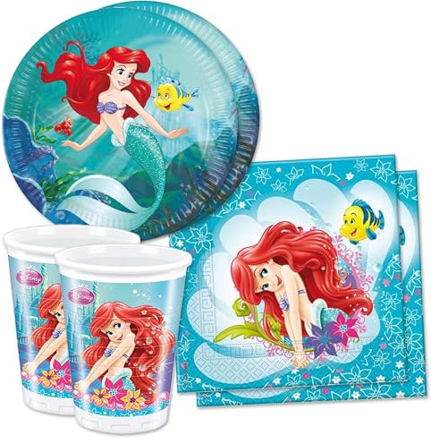 Lage Kit Compleanno di Ariel per 8 persone - Addobbi Decorazioni Stoviglie da Tavola La Sirenetta Mermaid Festa per Bambina Bimba - 8 Piatti di carta, 8 Bicchieri di Carta, 20 Tovaglioli di carta