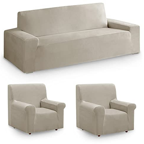 Vipalia Fundas para Sofa elasticas. Pack Trio Fundas de Sofas 3 plazas y Dos Unidades 1 Plaza. Cubresofas Ajustables. Protector Terciopelo. Beige Set 3 Unidades 3+1+1 Plazas
