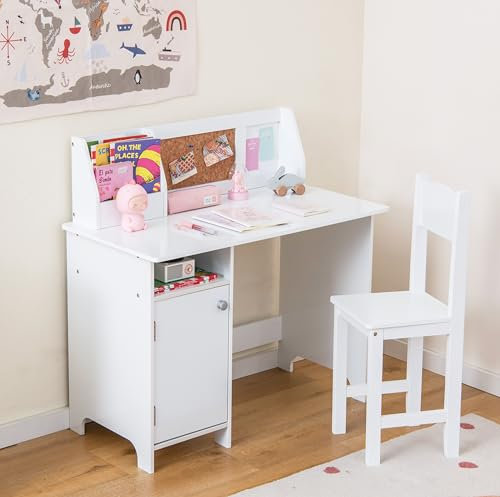 LIFEZEAL Kinderschreibtisch mit Holzstuhl, Lerntisch mit Ablagefach und Tafel, Kindersitzgruppe ab 3 Jahren, Kinderschreibtisch Kinderzimmer für Junge Mädchen (Hellweiß)