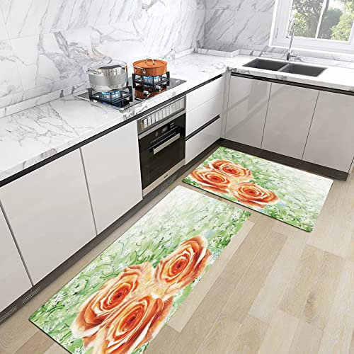 2 Pezzi Tappeti Cucina, Tappeti da Cucina Set,Decorazioni floreali ad acquerello, rose persiane disegnate a mano su erba pere, Resistente all'olio Durevole Tappetino zerbino Lavabile - 45x70+45x120 cm
