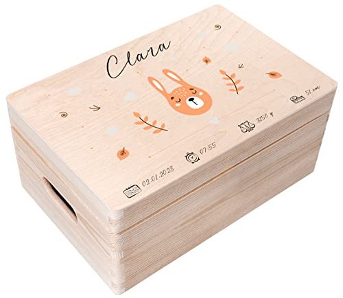 Creative Deco Erinnerungsbox Baby Personalisierte mit Namen - Hase Pastell | Individuelle Erinnerungskiste Geschenk zur Geburt für Mädchen und Jungen | Holzkiste mit Deckel Zeitkapsel | Farbdruck