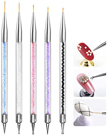 Desenda 5pcs Thin Nail Art Liner Brushes French Tip Brush Manicure Drill Drawing Nails Brush Pen Double Ended Dotting Tools Set Nail Dotting Pull Line Painting Drawing Pens For DIY Nail Art Designs