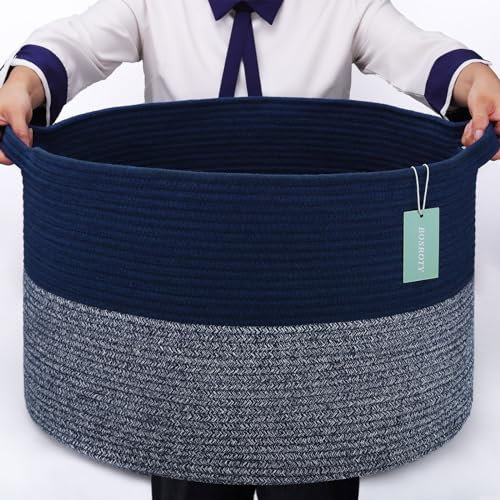 BOSROTY Extra Large Blanket Basket 87L, Laundry Hamper, Baby Nursery Hamper for Storage Toys Clothes Towels, Large Cotton Rope Laundry Basket for Girls Boys, 55 x 35 CM, Navy Blue