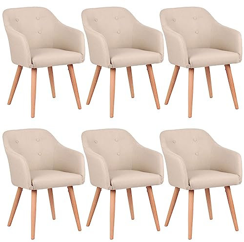 Kingpower Stühle Esszimmerstühle in 2er, 4er, 6er, 8er Set, Armlehnstuhl Polsterstuhl Stoff Sessel mit Armlehne Echtholz Stuhl Sessel Stuhlbeine in Beige, Stück:6