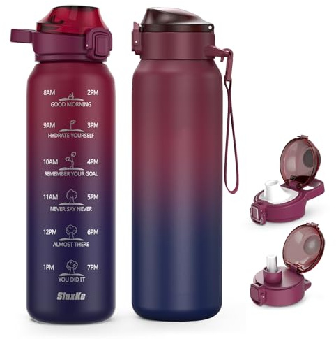 SLUXKE Bouteille d'eau isotherme de 950 ml avec poignée, 1 l thermos motivant à double paroi avec marqueur de temps, bouteille en métal tendance avec revêtement en poudre pour fitness, salle de sport