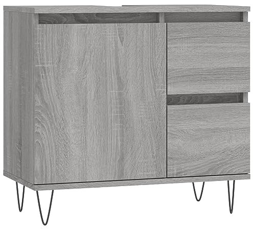 vidaXL Badezimmerschrank, Waschbeckenunterschrank mit viel Stauraum, Badschrank mit Eisenbeinen, Bad Unterschrank Waschbeckenschrank Badmöbel, Grau Sonoma Holzwerkstoff