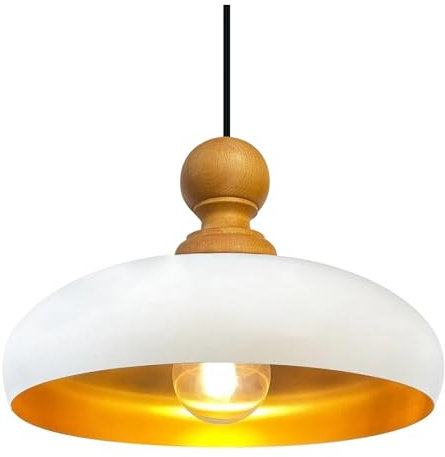 bamyum Androa Deckenlampe Holz Weiß Ø40 cm Lampe 1-flammig Hängelampe Industrial aus Metall, Deckenleuchte Innen Metall Industrielampe Vintage, Pendelleuchte Esstisch Wohnzimmer Küchenlampe Vintage