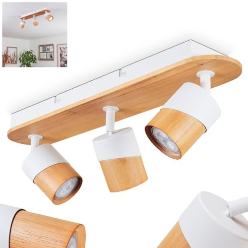 Deckenleuchte Blondo, moderne Deckenlampe aus Metall/Holz in Weiß/Natur, Deckenleuchte im skandinavischen Design mit verstellbaren Strahlern, 3-flammig, 3 x GU10, ohne Leuchtmittel
