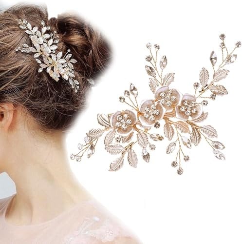 Wedding Hair Clip Rhinestone Bridal Handmade Flower Clip Crystal Hair Pins Bridal Bridesmaid Wedding Hair Accessories for Women and Girls Party Gift (Light Rose Gold)