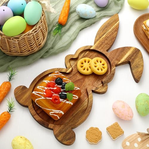 Domensi Osterhasen-Teller, Kaninchen-Servierplatte, rustikale dekorative Hasen-Salatteller, Holztablett für Abendessen, Dessert, Vorspeisen, Süßigkeiten, Brot, Display, Partys, Feiertage, Dekoration