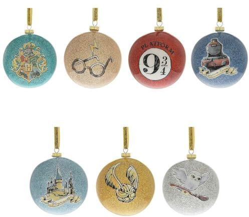 Widdop Harry Potter Charms Glitter Hanging Tree Baubles (Set of 7) with Gift Box - Hogwarts Hedwig