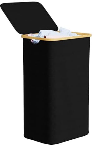 SpaceAid Cesto Portabiancheria con Coperchio, 110 Litri - Portabiancheria Sporca con Manici in Bambù, Grande Cesto Biancheria Sporca Piegevole per Camera, Bagno, Dormitorio e Lavanderia - Nero