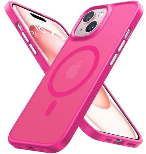 TORRAS Guardian-Mag für iPhone 15 Hülle für MagSafe (Zertifizierte Magnetkraft und Schutzkraft) Hülle iPhone 15 Case Kratzfest Dünn Samtweiche Haptik mit DIY Knöpfen Matt Leuchtend Rosa