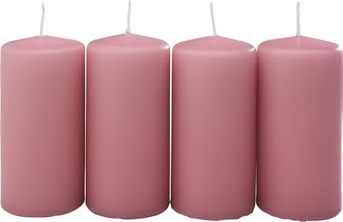 Wenzel Zylindrische Kerzen, Ø 6 cm x 12 cm, Antik-Rosa, 4 Stück, Unparfümiert, Selbstverlöschend