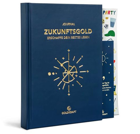 ZUKUNFTSGOLD JOURNAL - [A5] - Erfolgsjournal für Motivation, Fokus & Achtsamkeit, Planer 2025, Tagebuch für Erwachsene, Terminkalender, Tagesplaner, Journal Buch, Erfolgstagebuch (Dunkelblau)