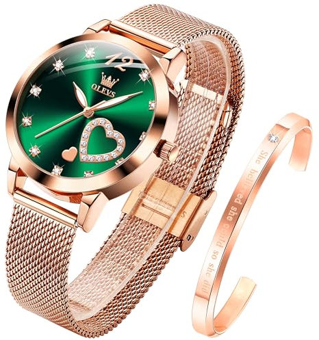OLEVS Womens Watch Gift Set avec Bracelet Rose Gold Vert Ladies Minimaliste Minimaliste Slim Robe DéContractéE Analogique Montre à Quartz ImperméAble