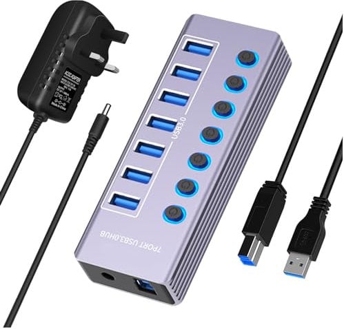 Powered USB Hub, 7 Ports Aluminum 12V SuperSpeed Multi USB 3.0 Hub 5G Data USB Extension Splitter with Individual on/off LED Switches and 4ft Cable for PC/Laptop/XPS/Surface Pro/PS4/Game Handle, etc
