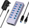 Powered USB Hub, 7 Ports Aluminum 12V SuperSpeed Multi USB 3.0 Hub 5G Data USB Extension Splitter with Individual on/off LED Switches and 4ft Cable for PC/Laptop/XPS/Surface Pro/PS4/Game Handle, etc
