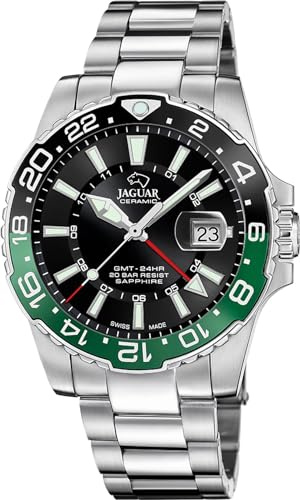 JAGUAR Swiss Made Herrenuhr Analog GMT aus Edelstahl 316L | Quarzuhr, Kalender, Widerstandsfähiges Saphirglas, Wasserdicht 20 ATM, J1011/5, Ceramic, Schwarzes Zifferblatt