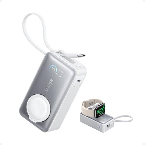 Anker MagGo Power Bank para Apple Watch, Batería Compacta de 10.000 mAh con Certificación Oficial y Cable USB-C Integrado, 35 W Máx., para iPhone 16/15 Series, Samsung, iPad, AirPods y Más