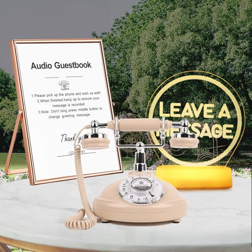 QUOXO Téléphone avec Livre d'or Audio avec lumière LED et Cadre Photo A5, complément Parfait aux idées de Mariage ou aux Notes de fête avec des Messages vocaux personnalisés pour Les invités (Beige)