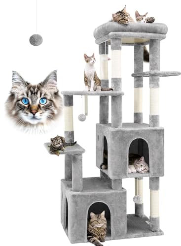 Globlazer Cat Tower for Indoor Cats, Heavy Duty Cat Trees for Large Cats Adult Big Cats Maine Coon Cat Tree Tower with Scratching Post, Extra Large Top Perch, Cat Condos, F61, Light Grey, 61inch