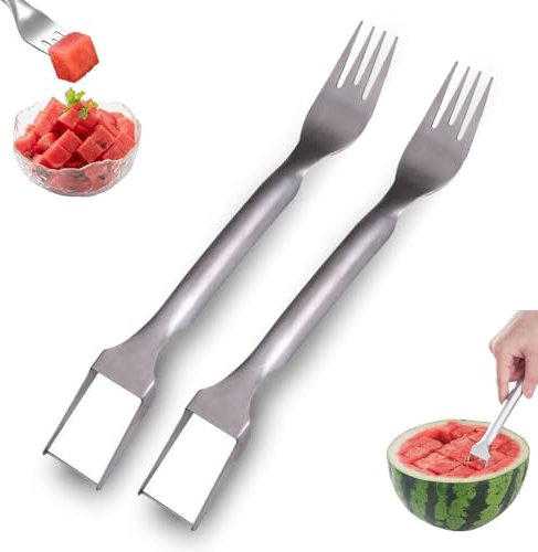 2 en 1 en acier inoxydable pastèque fourchette trancheuse trancheuse trancheuse – Fourchette à fruits portable Outil pour la maison, fête, camping, cuisine Gadget