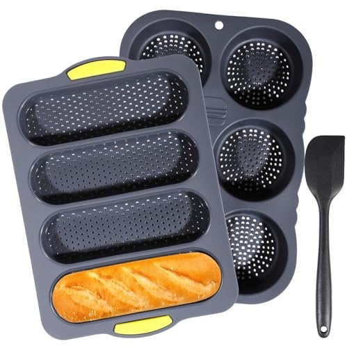 OMISTAR 3-teiliges Silikon-Baguette-Pfannen-Set und Hamburgerbrötchen-Pfannen-Set, antihaftbeschichtete französische Brotbackform, 4 Wellen, französisches Brot-Backblech, 6 Tassen,