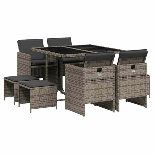 vidaXL Garten Essgruppe mit Kissen 9-TLG., Gartenmöbel Set Sitzgruppe, Essgarnitur Gartengarnitur, Terrasse Balkon Möbel Garnitur, Grau Poly Rattan