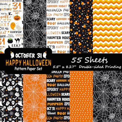 Morcheiong 55 Blatt Halloween-Muster, dekoratives Papier, doppelseitig, für Kartenherstellung, Scrapbooking, Fotoalbum, Dekoration, 10 Designs (Orange, 14 x 21 cm)