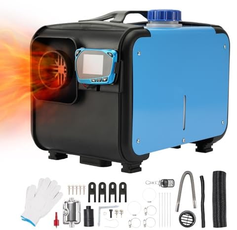 ShockFlo 8KW 12V Diesel Air Heater Portable Parking Heater w/Muffler, All-in-one Single Hole w/Remote Control, LCD Switch Monitor, 5L Tank for Car RV Boat Camper Indoors Blue Toolbox Style 02