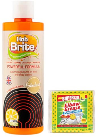 Hob Brite Hob Cleaner Lemon Sherbet (250 ml), A Powerful Cream Formula for Electric, Ceramic, Halogen and Induction Cookers with 1 Pack Elbow Grease Power Cloth