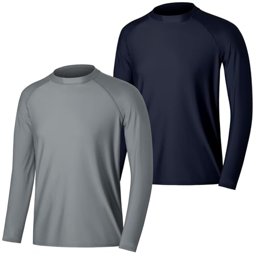 MASOCIO T Shirt Anti UV Homme Tee Shirt à Manche Longue Rashguard UPF 50+ Maillot de Bain Tshirt Hauts Baignade Surf Natation Wakeboard Plage 2 Pièces Taille XL Bleu Marine Gris