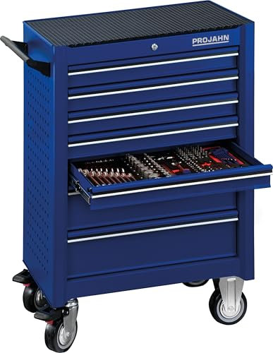 Projahn Werkstattwagen UNIVERSE mit 148-teiliger Bestückung, Werkzeugwagen mit 7 Schubladen, Werkstattschrank mit 4 Rollen, Blau, abschließbar 6501-502