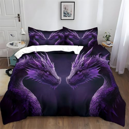 Srigzcaly Bettwäsche 200 x 220 cm Fantasietier Drache Wende Bettwäsche für Allergiker, Aesthetic Lila Set Weiche Kuschelige Fleece Bettbezug mit Reißverschluss und 2 Kissenbezug 80x80 cm, 3-teilig