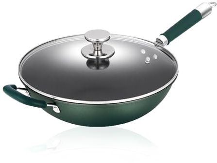 Refein Non stick Induction Wok Pan with Lid, 34cm Deep Stir Fry Pan with Heat-Resistant Handle, Large Capacity Frying Pan with Flat Bottom Ideal for Induction Electric Gas and All Hobs,Black and Green