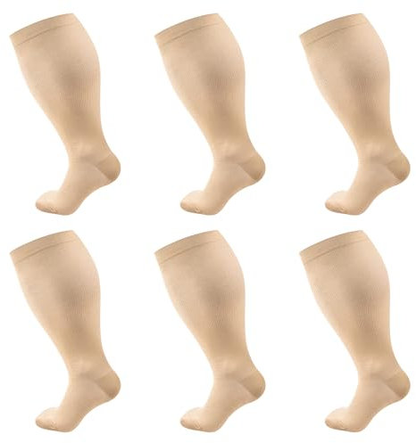 3 Paar Medizinische Kompressionsstrümpfe Damen & Herren, Kompressionsstrümpfe Dicke Waden, Übergröße Stützstrümpfe Kompressionssocken für Flug Laufen Reise (3XL, Beige)