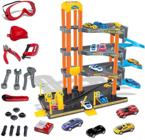 Xwin Sportseries 4-Story Parking Garage Toy Set with Lift, Spiral Ramps, Fuel Station, 4 Cars & 17 Pcs Construction Tool Kit for Kids Ages 3+, Educational Playsets for Boys & Girls