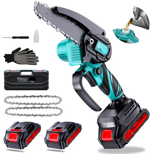 Olubfdh Mini Kettensäge mit Akku 4000mAh, 6 Zoll Mini Kettensäge Elektro mit Automatischer Öler und 2 Akku 2000mAh, Handkettensäge Akku für Gartenscheren Astschere Holzschneidenz