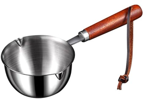 Small Sauce Pan 300ml Stainless Steel Sauce Pan with Wooden Handle Mini Sauce Pot with Pour Spout, Hanging Small Cooking Pot for Oil Soup Milk Chocolate