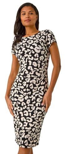Roman Originals Ruched Waist Dress for Women UK Ladies Side Pleat Winter Autumn Textured Fitted Shift Pencil Smart Lined Stretchy Jersey Work Knee Length Round Neck - Abstract Noir - Size 20