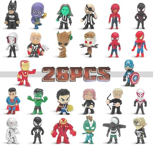 Pobusolt Mini Super My Hero Toys 26Pcs Super Minifigures Small Action Figures Party Birthday Decorations for Kids’ Christmas Stocking Easter Eggs Cake Toppers Collectibles