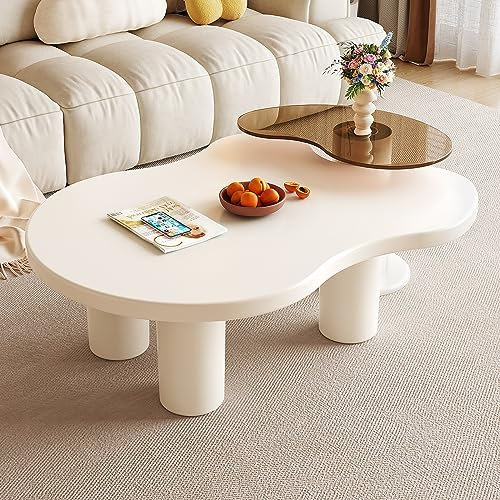 Guyii Couchtisch im Cream-Style – Zweistöckiger Wolkenform Sofatisch mit Ablage – Moderner Wohnzimmertisch minimalistisch für Japandi & Skandi Einrichtung