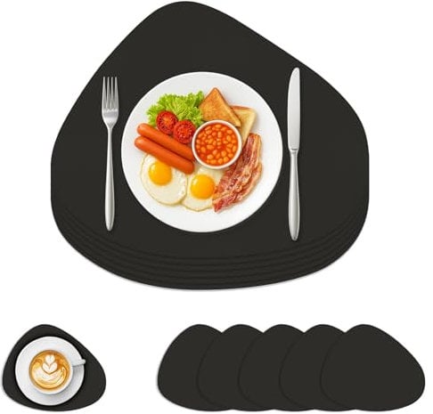 Sevenpers Tischsets Abwaschbar, Tischsets Leder and Untersetzer 6er Set,Wasserdicht rutschfest Platzdeckchen Platzset für Hause Küche Restaurant und Hotel,Schwarz,40x34cm