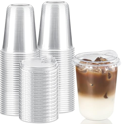 Qeirudu 16 Oz Clear Plastic Cups with Strawless Sip Lids, 50 Pack Disposable Iced Coffee Cups Round Bottom To Go Cups for Cold Drinks, Smoothie, Juice, Milkshake