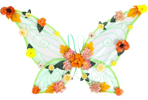 PartyforU Waldfee Feenflügel für Erwachsene, Schmetterling Kostüm Damen Flügel mit Blumen für Fasching Karneval Halloween